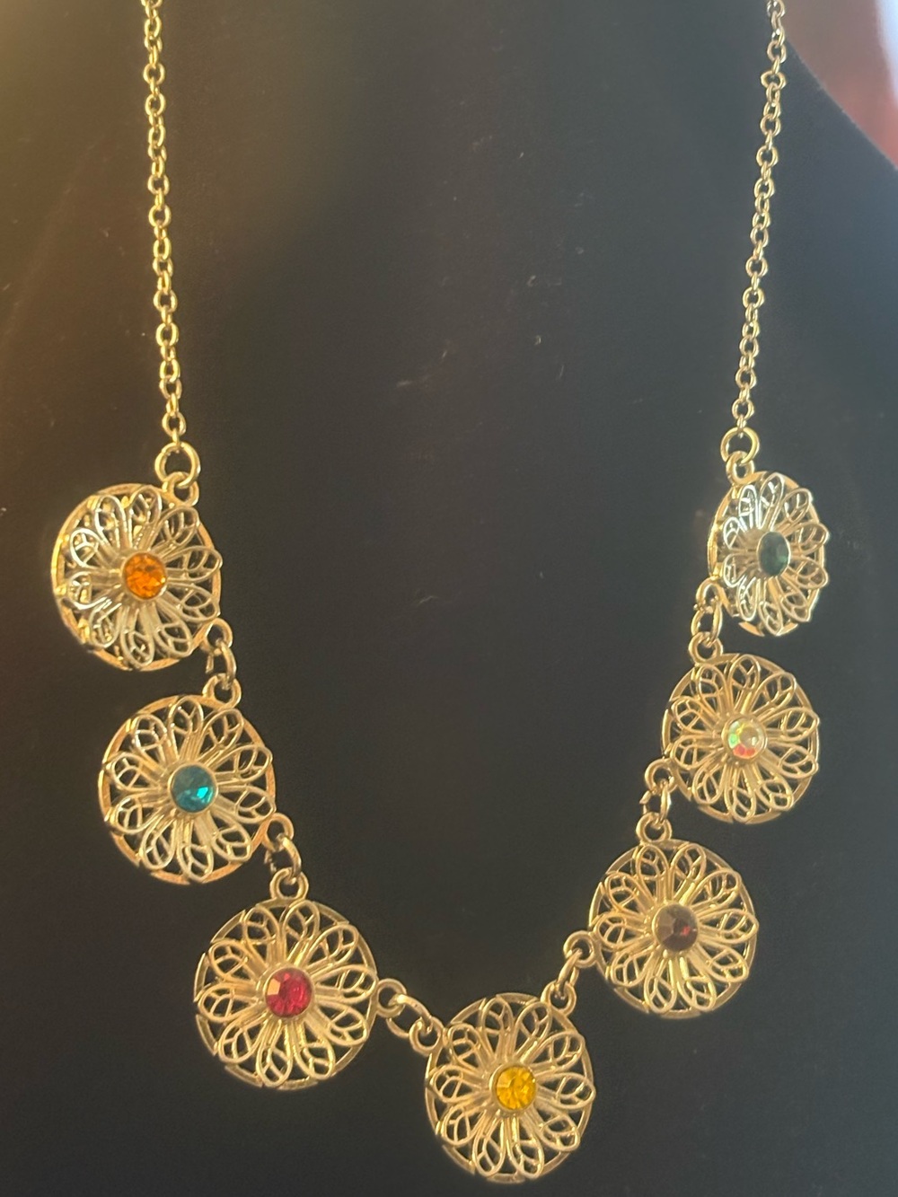 SilverTone Floral Filigree Necklace with Multicolored Gem Centers